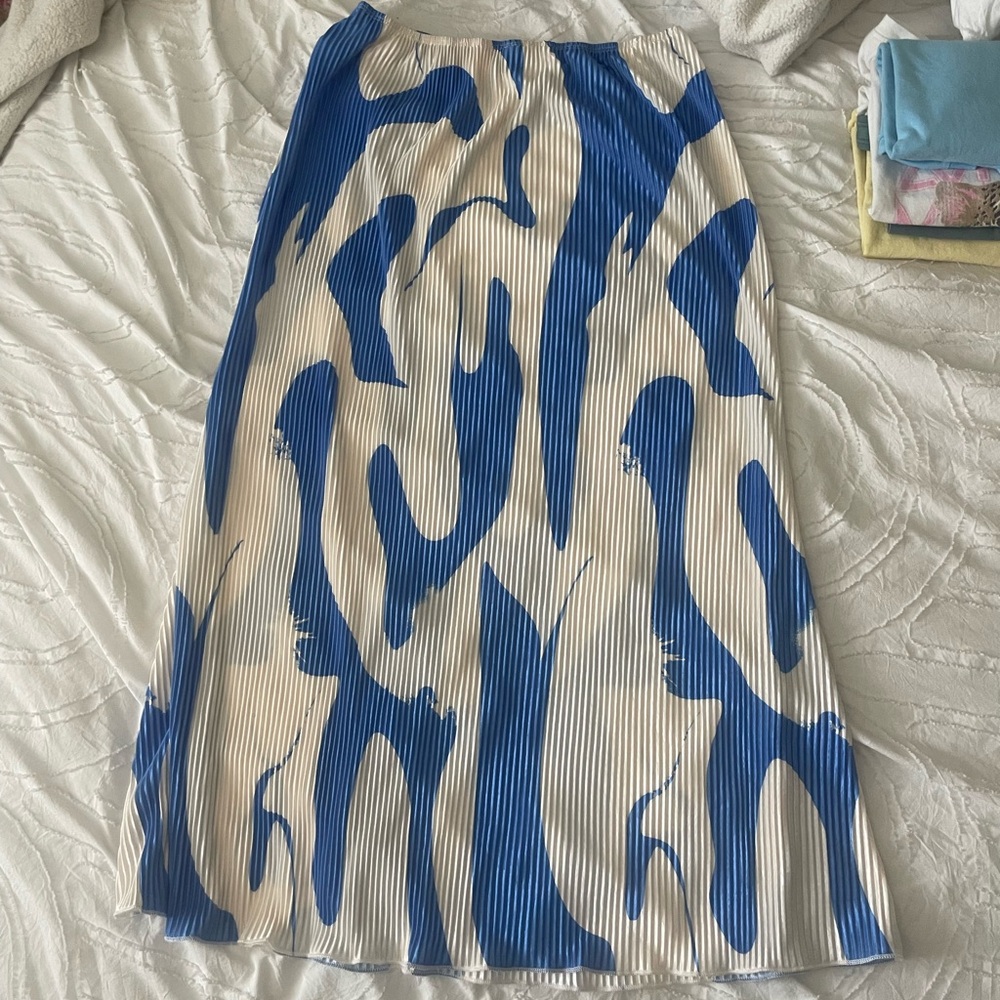SHEIN Blue and White Pleated A-Line Midi Skirt